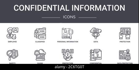 Vertrauliche Informationen Konzept Linie Symbole gesetzt. Enthält Symbole für Web, Logo, ui/ux wie klassifiziert, Daten, Sicherheit, Schutz, vertraulich Stock Vektor