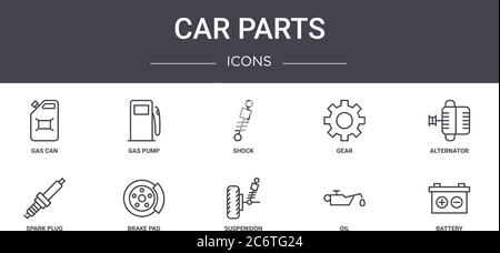 Car Parts Concept Line Icons Set. Enthält Symbole für Web, Logo, ui/ux wie Gaspumpe, Getriebe, Zündkerze, Federung, Öl, Batterie, Lichtmaschine, Stock Vektor