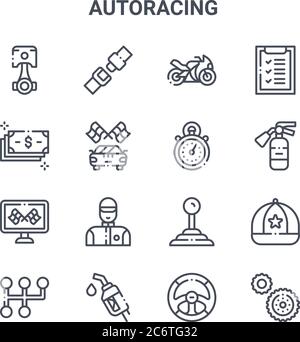 Satz von 16 Vektorlinien-Symbolen für das automatische Verstellen. 64x64 dünne Hub Symbole wie Sicherheitsgurt, Geld, Feuerlöscher, Gangstab, Benzin, Getriebe, Lenkung Stock Vektor