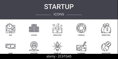 Startup Concept Line Icons Set. Enthält Icons für Web, Logo, ui/ux wie Stacks, lifebouy, Cash, Start up, Planung, Navigation, Geldbeutel, Stock Vektor