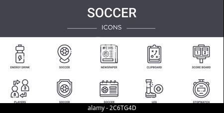 Fußball Konzept Linie Symbole Set. Enthält Symbole für Web, Logo, ui/ux wie Fußball, Zwischenablage, Spieler, Fußball, Bein, Stoppuhr, Score Board, neu Stock Vektor