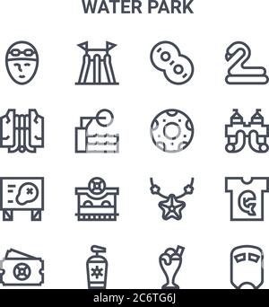 Satz von 16 Wasserpark Konzept Vektor-Linie Symbole. 64x64 dünne Striche Symbole wie Wasserrutsche, Wasserfall, Wasserrutsche, Seesterne, Sonnencreme, Pool, Eis cr Stock Vektor