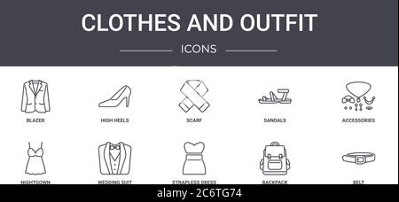 Kleidung und Outfit Konzept Linie Icons Set. Enthält Symbole für Web, Logo, ui / ux wie High Heels, Sandalen, Nachthemd, trägerloses Kleid, backpac Stock Vektor