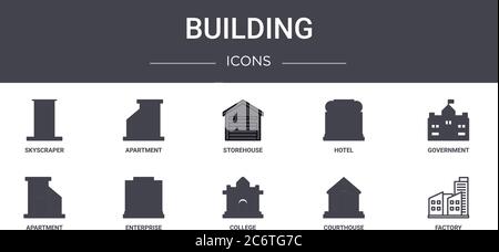 Gebäude Konzept Linie Symbole gesetzt. Enthält Symbole für Web, Logo, ui / ux wie Wohnung, Hotel, Wohnung, Hochschule, Gerichtsgebäude, Fabrik, goverm Stock Vektor