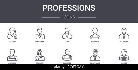 Berufe Konzept Linie Symbole Satz. Enthält Symbole für Web, Logo, ui/ux wie Mitarbeiter, Arbeiter, Klempner, Klempner, Professor, Schriftsteller, Manager Stock Vektor