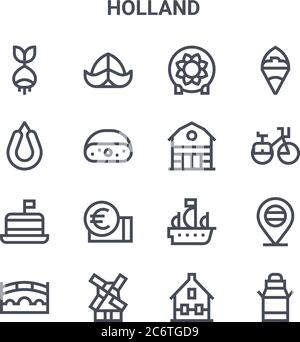 Set von 16 holland Konzept Vektorlinien-Symbolen. 64x64 dünne Striche Symbole wie Hut, Rookworst, Fahrrad, Boot, Windmühle, Milchkanne, Haus, Scheune, pommes frites Stock Vektor