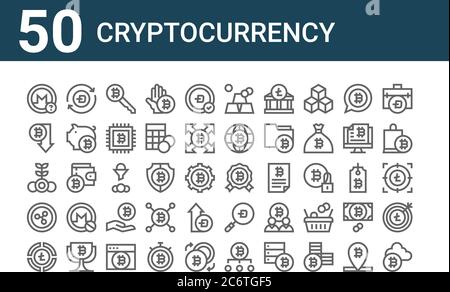 Set von 50 Kryptowährungs-Icons. Umreißen dünne Linien-Icons wie Kryptowährung, Kreisdiagramm, Bitcoin, Bitcoin, Bitcoin, Bindestrich, Belohnung, Barren, Bitcoin, Stock Vektor