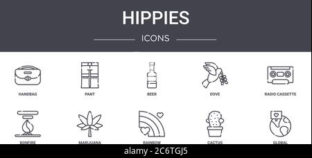 Hippies Concept Line Icons Set. Enthält Icons, die für Web, Logo, ui/ux wie Hose, Taube, Lagerfeuer, Regenbogen, Kaktus, Global, Radio-Kassette, Bier verwendbar sind Stock Vektor