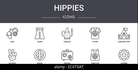 Hippies Concept Line Icons Set. Enthält Icons für Web, Logo, ui/ux wie Jeans, T-Shirt, Sieg, Hippies, Tank Top, Blume, Camping Zelt, h Stock Vektor