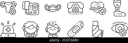 12 Satz von linearen medizinischen Dienstleistungen Symbole. Dünne Umrisssymbole wie ophtalmologie, Gips, Arzt, Kardiologie, medizinische Maske, Blutdruck-Messgerät für Stock Vektor