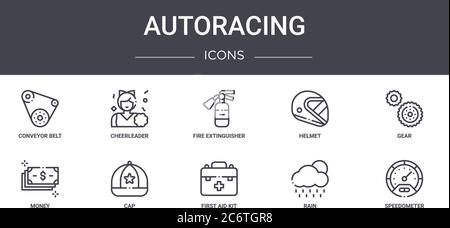 Autoracing Concept Line Icons Set. Enthält Icons für Web, Logo, ui/ux wie Cheerleader, Helm, Geld, erste-Hilfe-Kit, Regen, Tachometer, ge Stock Vektor