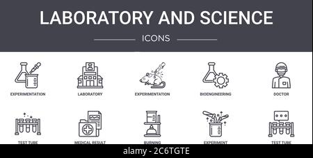 Labor und Wissenschaft Konzept Linie Symbole Set. Enthält Symbole für Web, Logo, ui/ux wie Labor, Bioengineering, Reagenzglas, Brennen, expe Stock Vektor