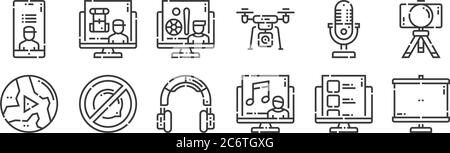 12 Satz von linearen Videoblogger-Symbole. Dünne Umrisssymbole wie Bildschirm, Musik, Nein, Mikrofon, Sport, Backpacker für Web, mobil Stock Vektor