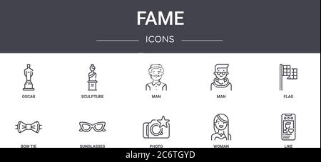 Fame Concept Line Icons Set. Enthält Icons für Web, Logo, ui/ux wie Skulptur, Mann, Fliege, Foto, Frau, wie, Flagge, Mann Stock Vektor