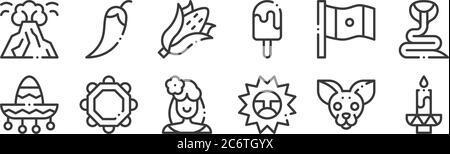 12 Satz von linearen mexiko-Symbole. Dünne Umrisse Symbole wie Kerze, Sonne, Jarocho, mexiko, Mais, Chili für Web, mobile Stock Vektor