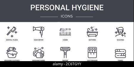 Persönliche Hygiene Konzept Linie Symbole Set. Enthält Symbole für Web, Logo, ui / ux wie Fön, Baden, Wäsche waschen, Rasierer, Wattestäbchen, t Stock Vektor