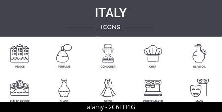 italien Konzept Linie Icons Set. Enthält Symbole für Web, Logo, ui / ux wie Parfüm, Koch, rialto Brücke, Kleid, Kaffeemaschine, Maske, Olivenöl, g Stock Vektor