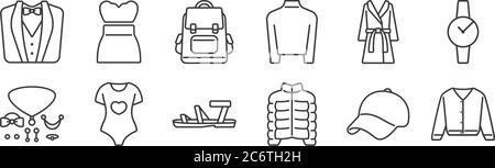 12 Set von linearen Kleidung und Outfit-Icons. Dünne Umrisse Symbole wie Cardigan, Jacke, Pyjamas, Bademantel, Rucksack, trägerloses Kleid für Web, mobile Stock Vektor