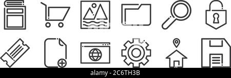 12 Satz von linearen ricon Icons. Dünne Umrisssymbole wie Speicheroption, Verarbeitung, neu, Suche, Bild, Warenkorb für Web, mobil Stock Vektor