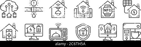 12 Satz von linearen smarthome-Symbole. Dünne Umrisssymbole wie Kaffeemaschine, Hausversicherung, Energie, nfc, Lichtsteuerung, Leck für Web, mobil Stock Vektor