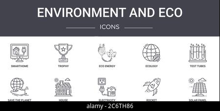 Umwelt und Öko-Konzept Linie Symbole Set. Enthält Symbole für Web, Logo, ui / ux wie Trophäe, Ökologie, speichern Sie den Planeten, Strom, Rakete, Stock Vektor