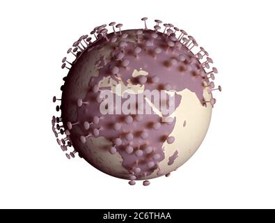 Planet Erde verwandeln sich in Viruszelle isoliert auf weißem Hintergrund. 3d-Illustration für Coronavirus oder COVID-19 Pandemie Stockfoto