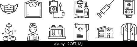 12 Satz von linearen medizinischen Dienstleistungen Symbole. Dünne Umrisssymbole wie Arzt Mantel, Krankenakten, männliche Krankenschwester, Spritze, Infusion, Waage für Web, Stock Vektor