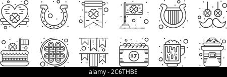 12 Satz von linearen saint patrick Symbole. Dünne Umrisse Symbole wie Hut, Kalender, celtic, Harfe, st patrick, Hufeisen für Web, mobile Stock Vektor