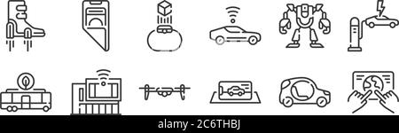 12 Satz von linearen Technologie der Zukunft Icons. Dünne Umrisssymbole wie Touchscreen, Virtual Reality, smarthome, Roboter, Smartwatch, faltbare Phon Stock Vektor