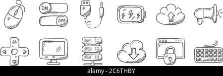 12 Satz von linearen Technologie-Symbole. Dünne Umrisssymbole wie Tastatur, Cloud-Download, Monitor, Cloud-Upload, usb-Anschluss, Multimedia-Option für Stock Vektor