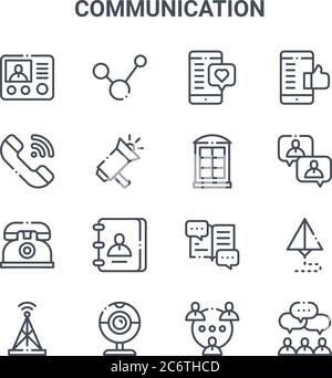 Satz von 16 Vektorlinien-Symbolen für Kommunikationskonzepte. 64x64 Thin Stroke-Symbole wie Teilen, Anrufen, Unterhaltung, Buch, Webcam, Team, Gruppe, Telefonzelle, Stock Vektor