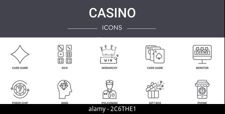 casino Konzept Linie Symbole Satz. Enthält Symbole für Web, Logo, ui/ux wie Würfel, Kartenspiel, Poker-Chip, Polizist, Geschenkbox, Telefon, Monitor, Mo Stock Vektor