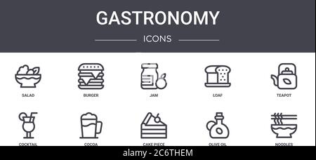 Gastronomie Konzept Linie Icons Set. Enthält Symbole für Web, Logo, ui/ux wie Burger, Laib, Cocktail, Kuchen Stück, Olivenöl, Nudeln, Teekanne, Stock Vektor