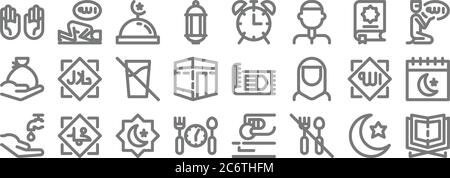 ramadan kareem Linie Symbole. Lineare Menge. Qualität Vektor-Linie gesetzt wie koran, kein Essen, Fasten, wudhu, allah, kein Getränk, beten, Wecker, Salat Stock Vektor