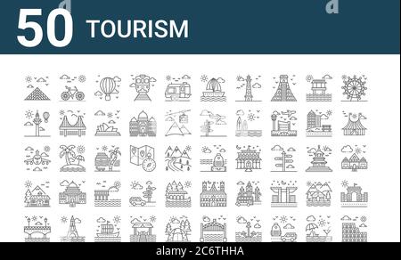 Set von 50 Tourismus-Symbole. Skizzieren dünne Linie Symbole wie kolosseum, Brücke, Villa, Flugzeug, Heißluftballon, Fahrrad, Gepäck Stock Vektor