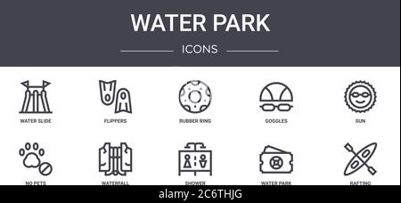 Wasserpark Konzept Linie Icons Set. Enthält Symbole für Web, Logo, ui / ux wie Flossen, Brille, keine Haustiere, Dusche, Wasserpark, Rafting, Sonne, ru Stock Vektor