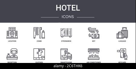 Hotel Concept Line Icons Set. Enthält Icons für Web, Logo, ui/ux wie Kamm, Schlüssel, Empfang, Smartphone, Klimaanlage, Keycard, Gepäck, Stock Vektor