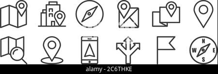 12 Satz von linearen Navigationssymbolen. Dünne Umrisssymbole wie Kompass, Richtung, Position, Kartenpunkt, Kompass, Adresse für Web, mobil Stock Vektor