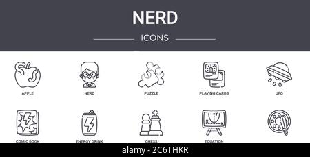 Nerd Concept Line Icons Set. Enthält Symbole für Web, Logo, ui/ux wie Nerd, Spielkarten, Comic-Buch, Schach, Gleichung, , ufo, Puzzle Stock Vektor