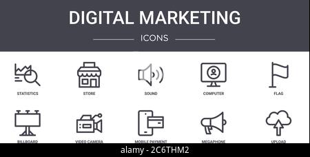 Digital Marketing Konzept Linie Symbole Satz. Enthält Symbole für Web, Logo, ui/ux wie Geschäft, Computer, Plakatwand, mobile Zahlung, Megaphon, up Stock Vektor