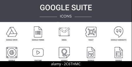 google Suite Concept Line Icons Set. Enthält Symbole für Web, Logo, ui/ux wie google Forms, Vault, google, Treffpunkte, gmail Stock Vektor