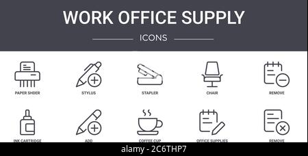 Büro-Versorgung Konzept Linie Symbole Set. Enthält Symbole für Web, Logo, ui / ux wie Stylus, Stuhl, Tintenpatrone, Kaffeetasse, Bürobedarf Stock Vektor