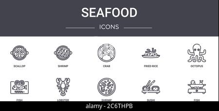 Seafood Concept Line Icons Set. Enthält Symbole für Web, Logo, ui/ux wie Garnelen, gebratenen Reis, Fisch, Garnelen, Sushi, Fisch, Krake, Krabbe Stock Vektor