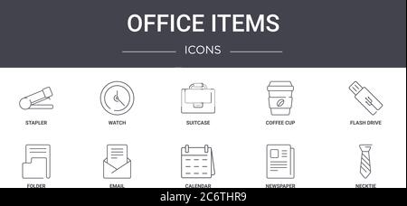 Büroartikel Concept Line Icons Set. Enthält Symbole für Web, Logo, ui/ux wie Uhr, Kaffeetasse, Ordner, Kalender, Zeitung, Krawatte, Flash Stock Vektor