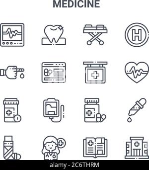 Satz von 16 Medizin Konzept Vektor-Linien-Symbole. 64x64 dünne Schlaganfall Symbole wie Zahn, inju, Herzfrequenz, Antibiotika, Arzt, Krankenhaus, medizinische Buch, hos Stock Vektor