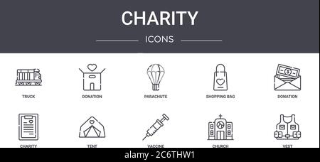 Charity Konzept Linie Symbole Set. Enthält Symbole für Web, Logo, ui / ux wie Spende, Einkaufstasche, Nächstenliebe, Impfstoff, Kirche, Weste, Spende, p Stock Vektor