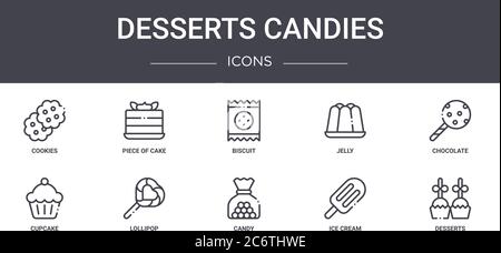 Desserts Süßigkeiten Konzept Linie Symbole Set. Enthält Symbole für Web, Logo, ui / ux wie Stück Kuchen, Gelee, Cupcake, Süßigkeiten, Eis, Desserts, Stock Vektor