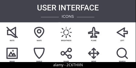 User Interface Concept Line Icons Set. Enthält Symbole für Web, Logo, ui/ux wie Karten, Ebene, Bild, teilen, bewegen, suchen, links, Helligkeit Stock Vektor