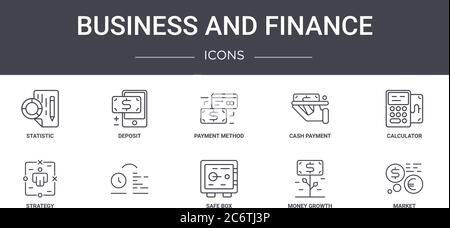 Business und Finanzen Konzept Linie Symbole gesetzt. Enthält Symbole für Web, Logo, ui / ux wie Einzahlung, Barzahlung, Strategie, Safe, Geld Growt Stock Vektor
