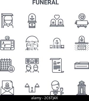 Set von 16 Bestattungskonzept Vektor-Linie Symbole. 64x64 dünne Schlaganfall-Symbole wie Beerdigung, Kardiogramm, Grab, Wille, Grab, Mausoleum, Mann, Grab, Tod Stock Vektor
